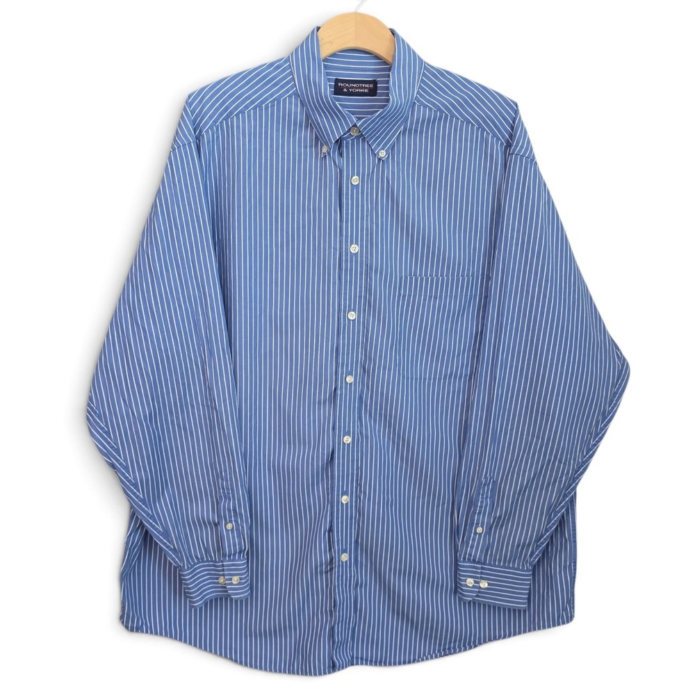 Roundtree & Yorke Shirt Mens 2XLT Tall Blue Striped Button Down 100% Cotton